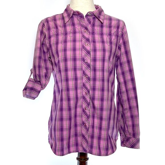 Bit & Bridle Pink Plaid Pearl Snap Top Size S - Picture 1 of 7